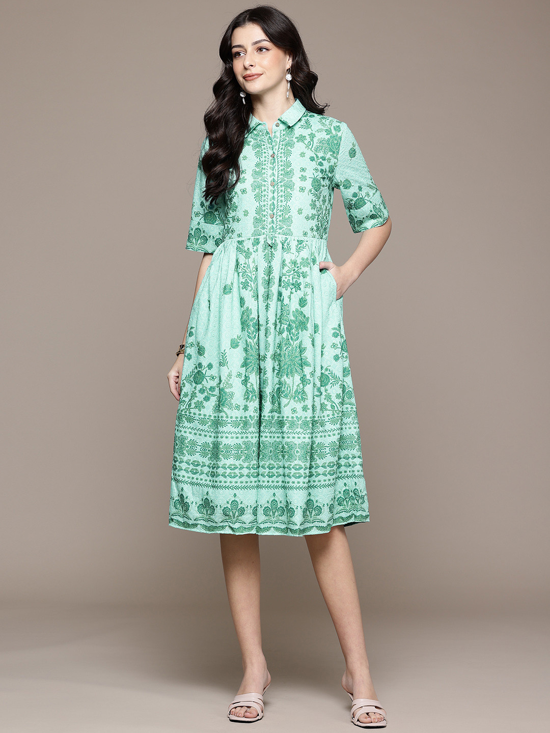 aarke Ritu Kumar Floral Print Thread Work Shirt Collar A-Line Midi Dress