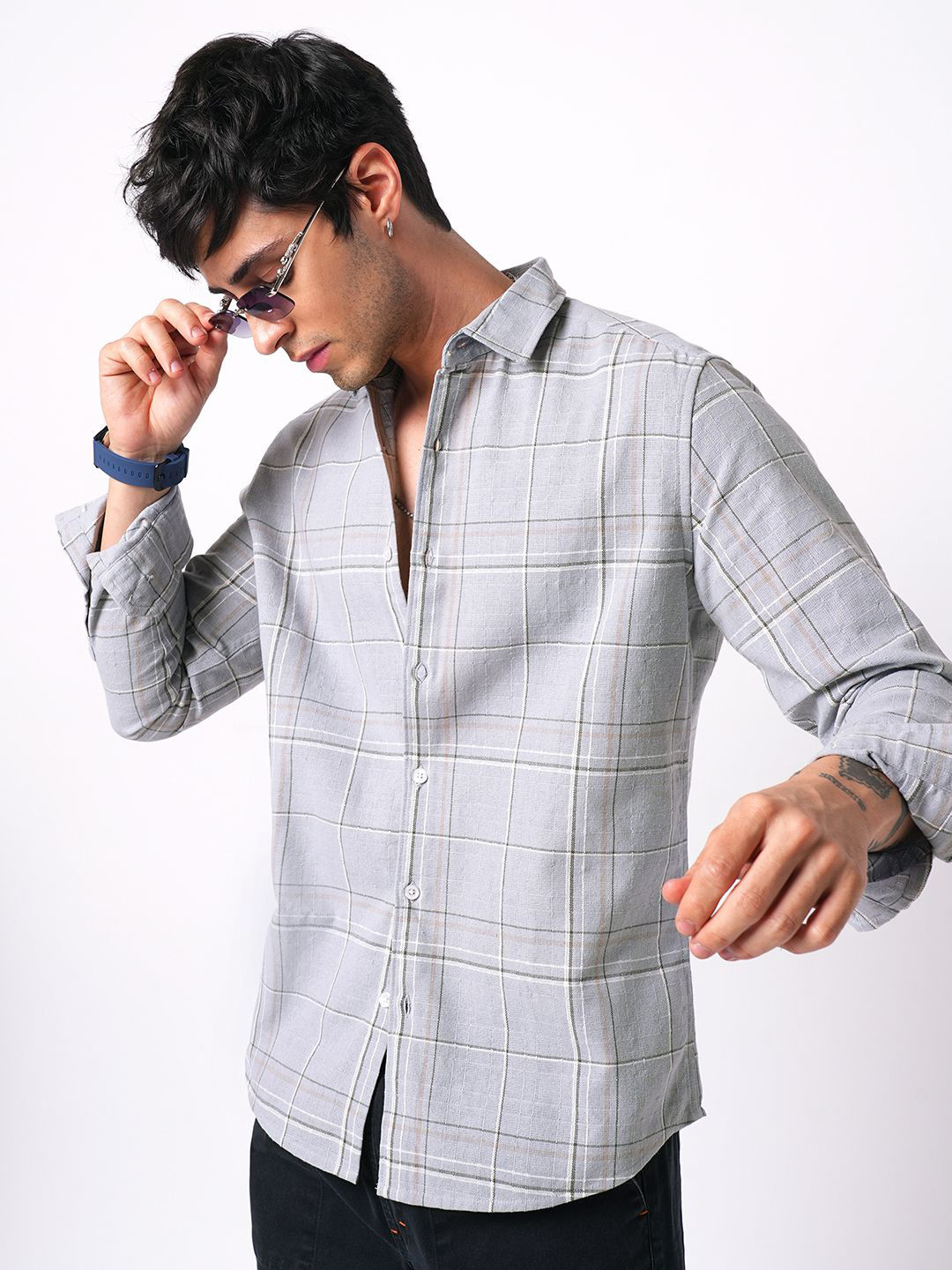 VASTRADO Men Classic Fit Windowpane Checked Spread Collar Cotton Casual Shirt