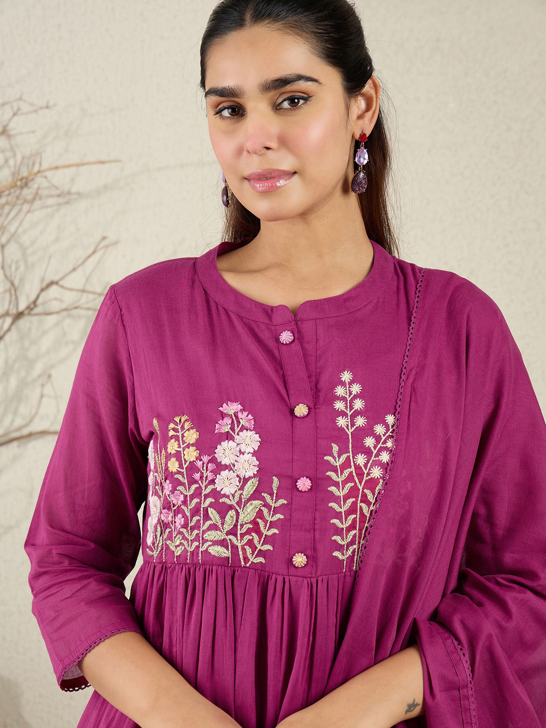 Indo Era Floral Embroidered Thread Work Pure Cotton Kurta With Trousers & Dupatta