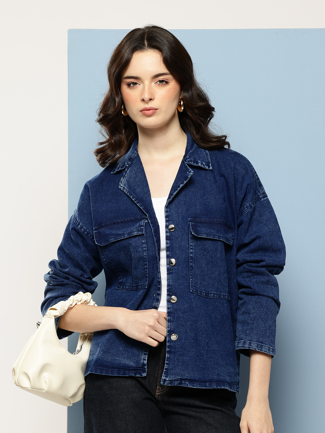 Aarika Washed Effect Lapel Collar Drop-Shoulder Sleeves Denim Jacket