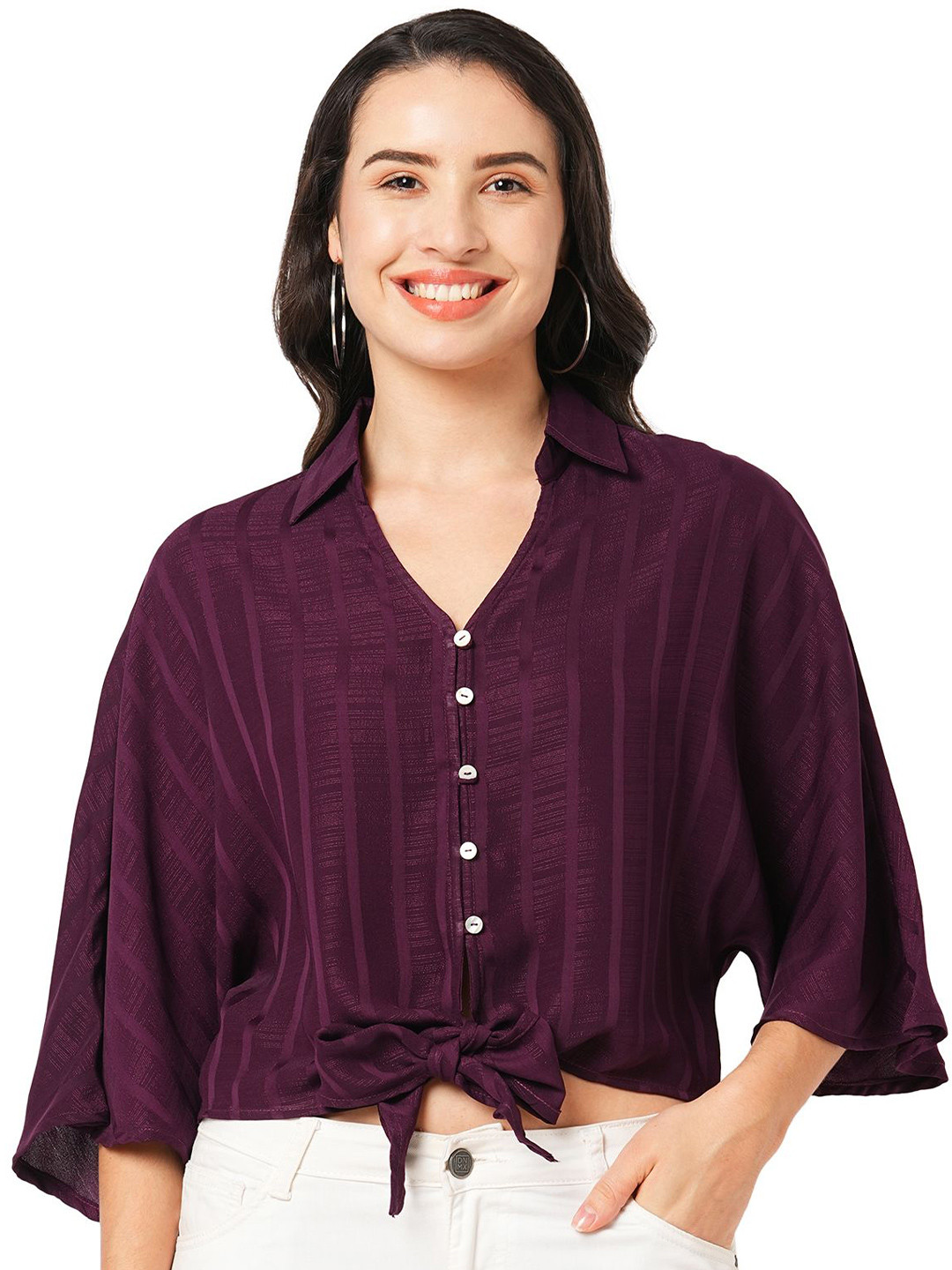 G0-4 IT Women Butterfly Sleeves Self Design Shirt Collar Georgette Blouson Crop Top