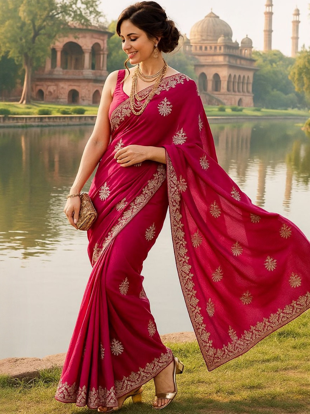 HERE&NOW Pink Polyester Embroidered Sarees
