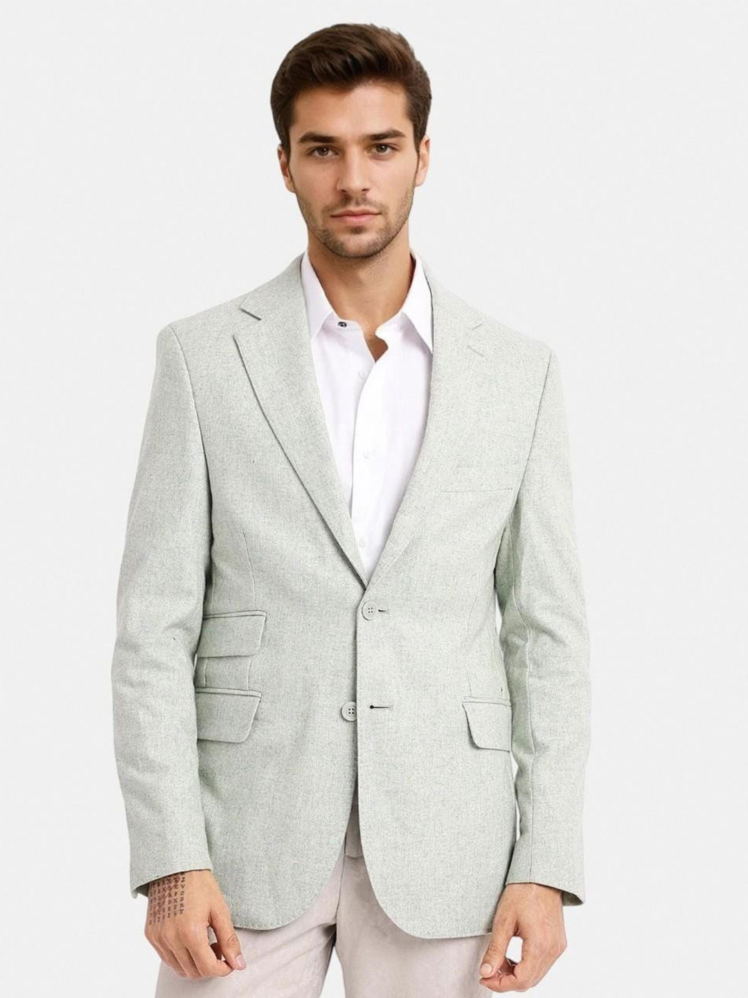 RARE RABBIT Bosco Light Green Slim-Fit Linen Full Sleeves Single-Breasted Blazer