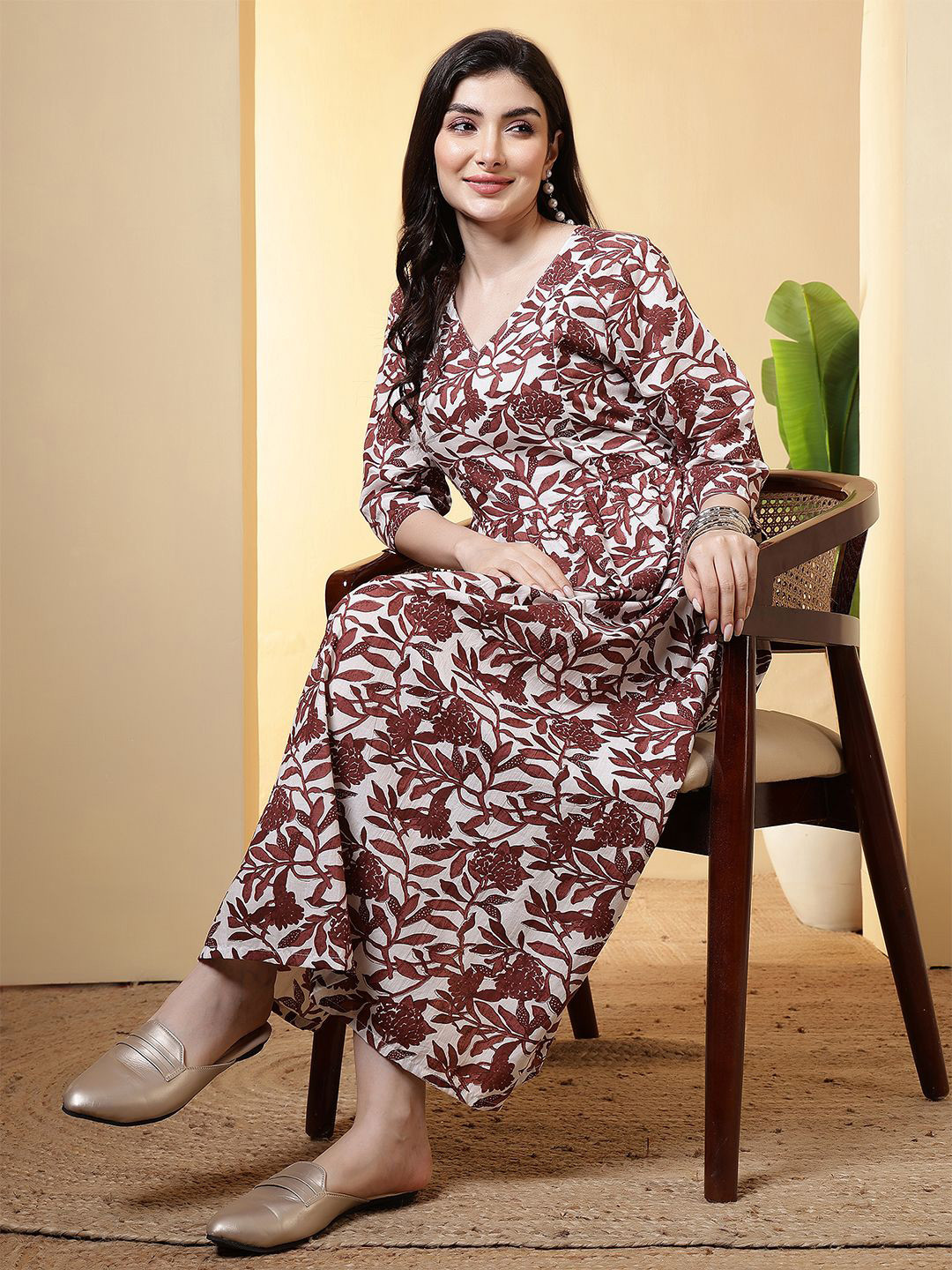 KEIYONA Cotton Burgundy Floral Printed Fit & Flare Maxi Dress