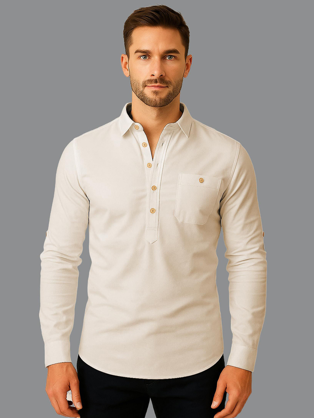 KNOWTED Men Shirt Collar Thread Work Kurta