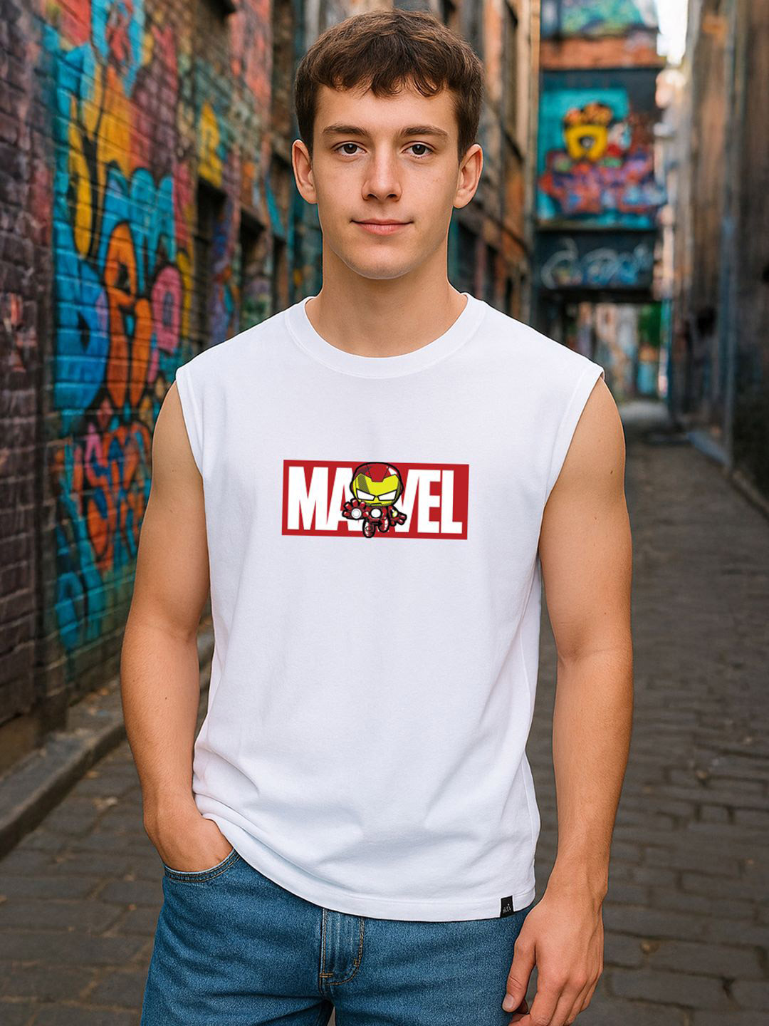 Bewakoof Official Marvel Merchandise Men White Marvelous Ironman Printed Boxy Fit Vest