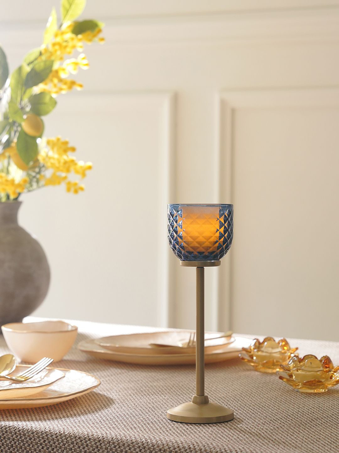Pure Home and Living Blue & Gold Toned Diamond Textured Candle Holder with Stand