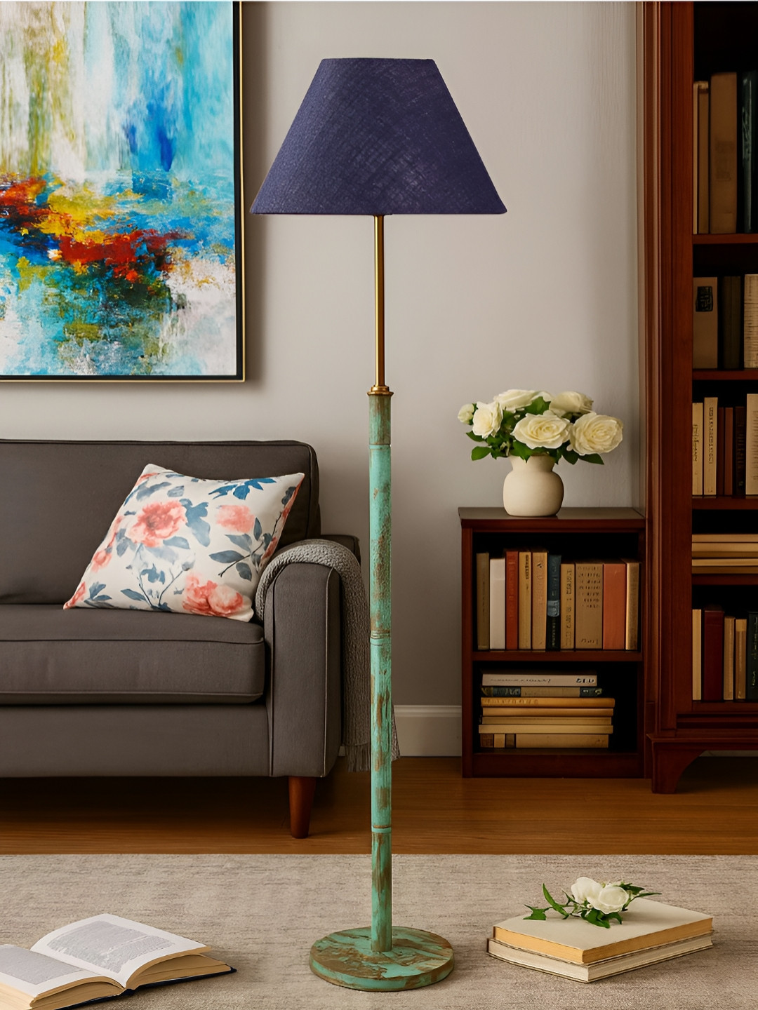 Devansh Blue & Green Textured Drum Shade Floor Lamp