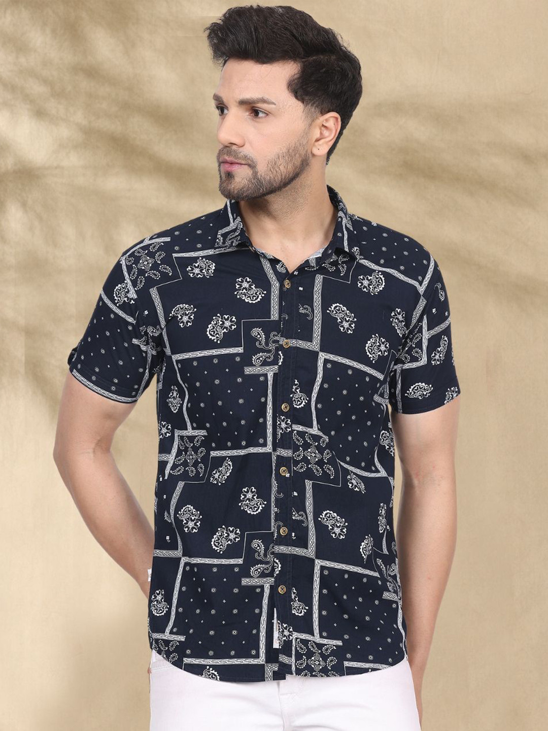CVC Men Relaxed Fit Conversational Printed Spread Collar Cotton Casual Shirt