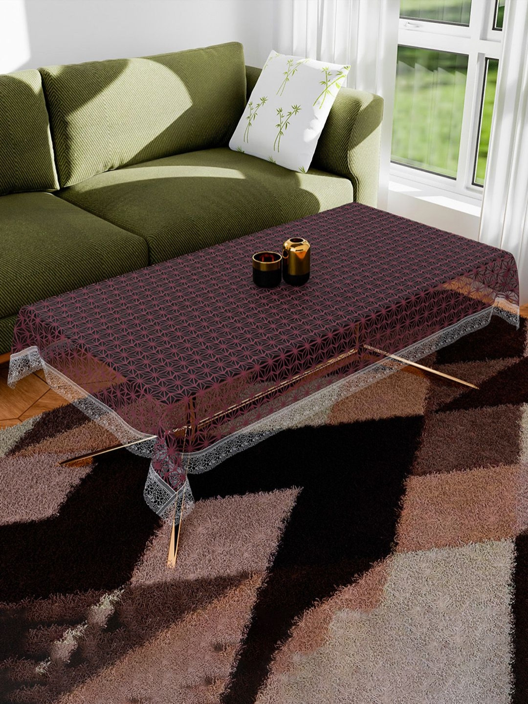 Aura Brown & White Self Star Anti-Skid Rectangle 4 Seater Table Cover