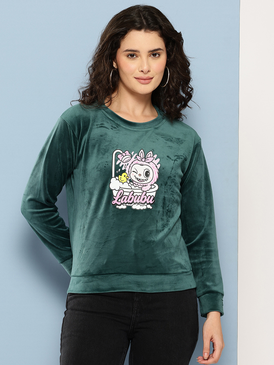 Aarika Labubu Printed Round Neck Velvet Sweatshirt