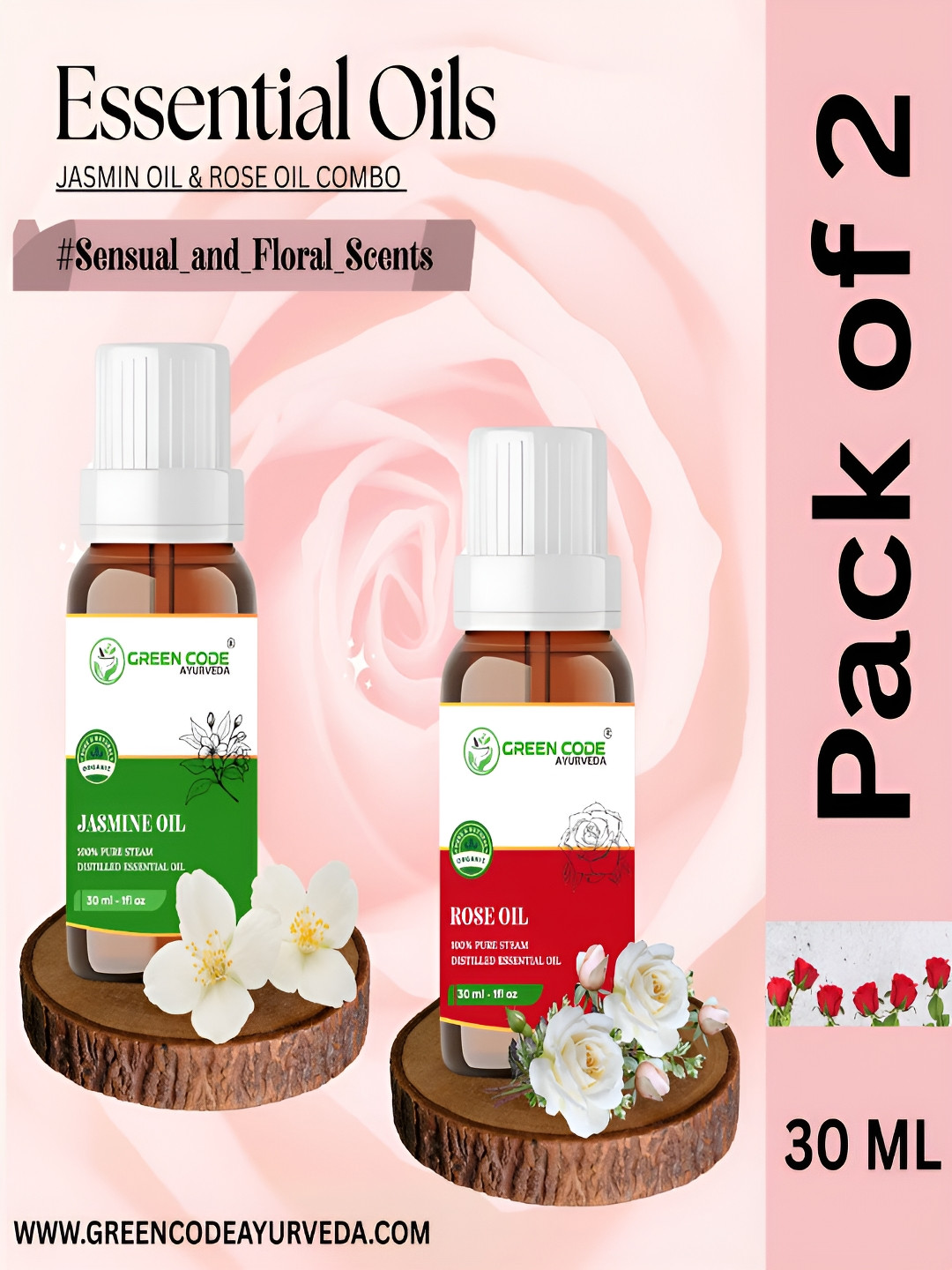 GREEN CODE AYURVEDA  Set Of 2 100% Pure Jasmine & Rose Essential Oils - 30 ml Each