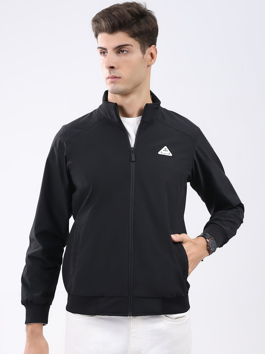 rock.it Men Stand Collar Solid Lightweight Bomber Jacket
