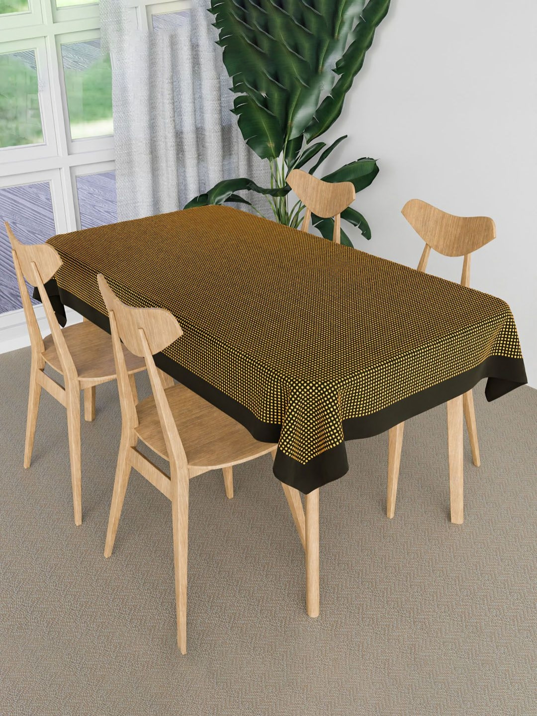 Aura Yellow & Black Barik Check Cotton Anti-Skid Rectangle 4 Seater Table Cover