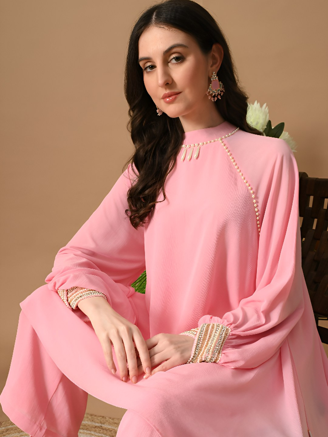 Demure by shiba Georgette Beads And Stones Kurta With Palazzos