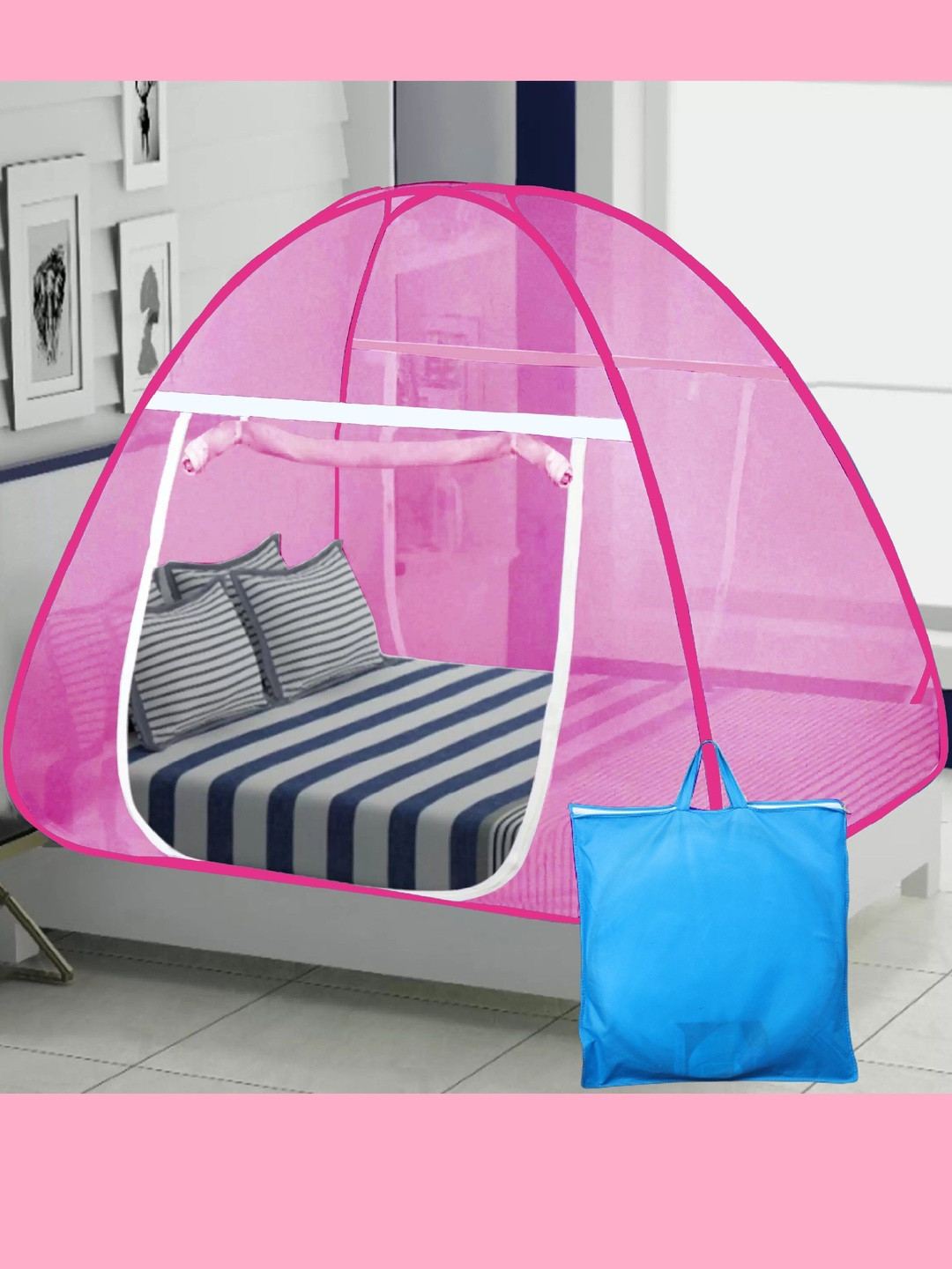 VIV-ATIQ Pink & White Polyester Foldable Double Bed 21 GSM Tent Mosquito Net