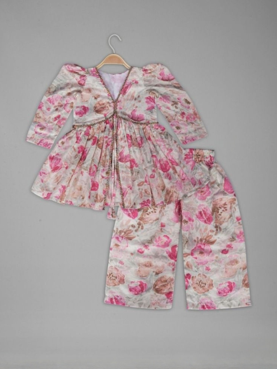 IRSIA Girls Ethnic Style Open Front Floral Printed Laced Kurti Palazzo Pant Set