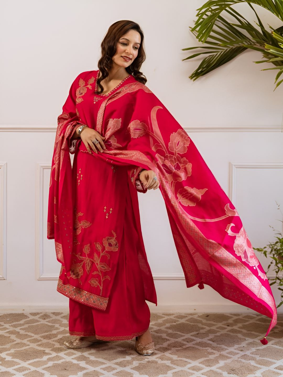 AUTUMN LANE Floral Embroidered Thread Work Cotton Sonpal Brink Kurta Set With Dupatta