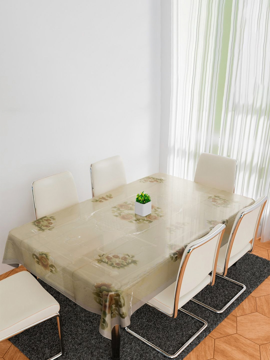 Aura Cream-Colored & Green Flower Almond Anti-Skid Rectangle 6 Seater Table Cover