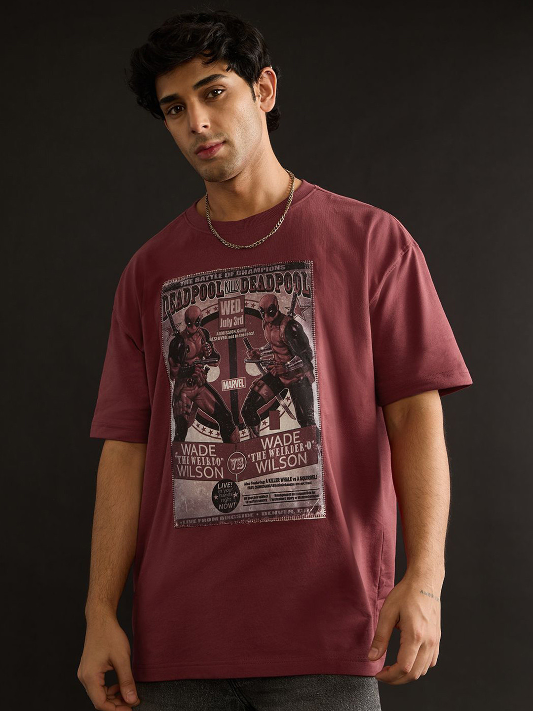 The Souled Store Deadpool Double Trouble Printed Pure Cotton Oversized T-shirt