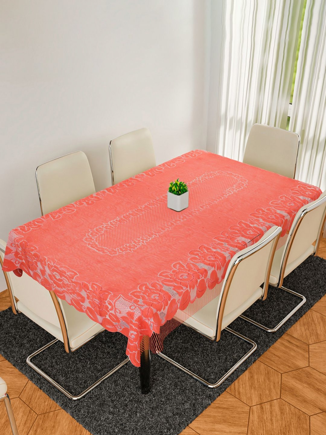 Aura Peach-Colored Net Jhalar Anti-Skid Rectangle 6 Seater Table Cover
