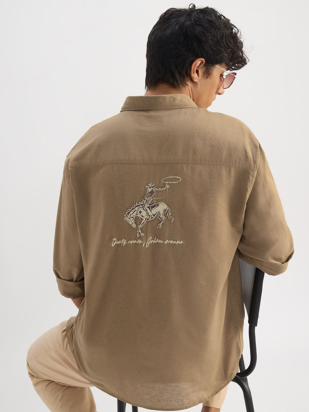 The Souled Store Dusty Roads Embroidered Cotton Linen Casual Shirt