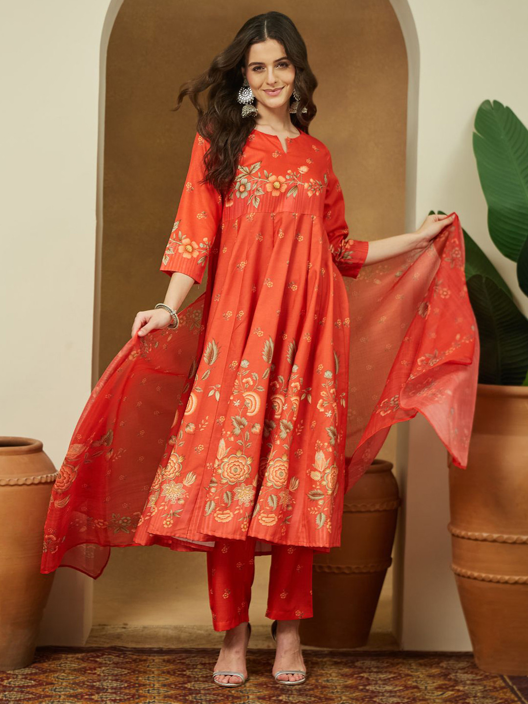 Janasya Women Orange Cotton Blend Floral Printed Anarkali Kurta Set