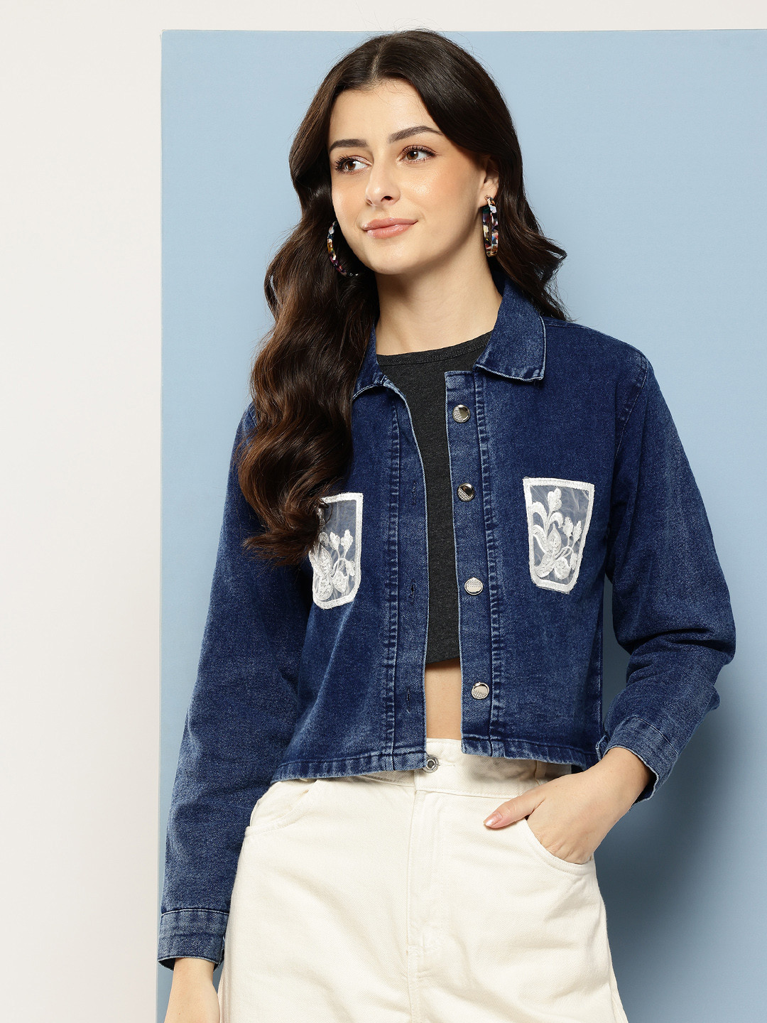 Aarika Sequined Pocket Crop Denim Jacket