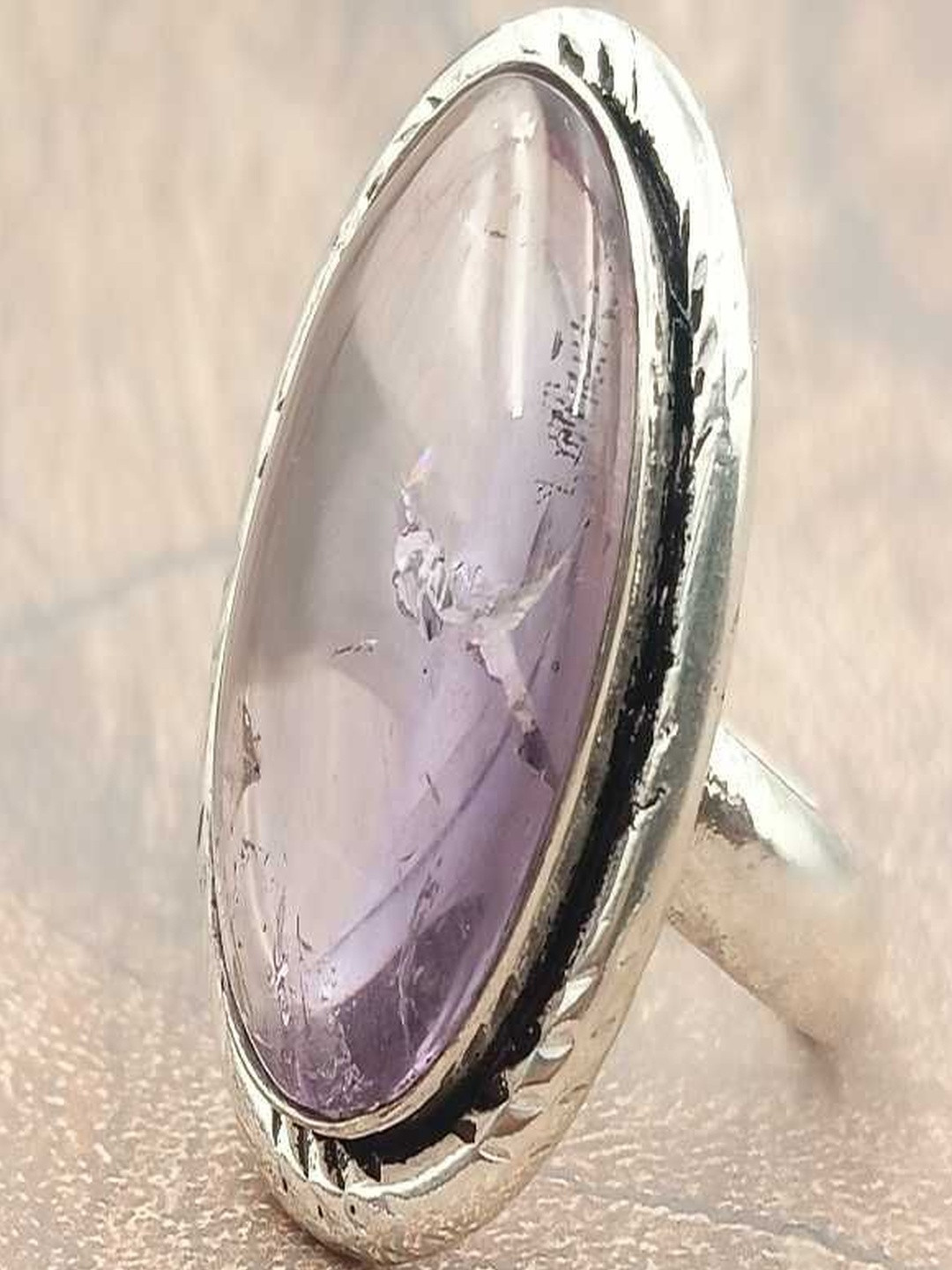 Shrim jewels Brass-Plated Amethyst Studded Oval Shaped Oxidised Finger Ring