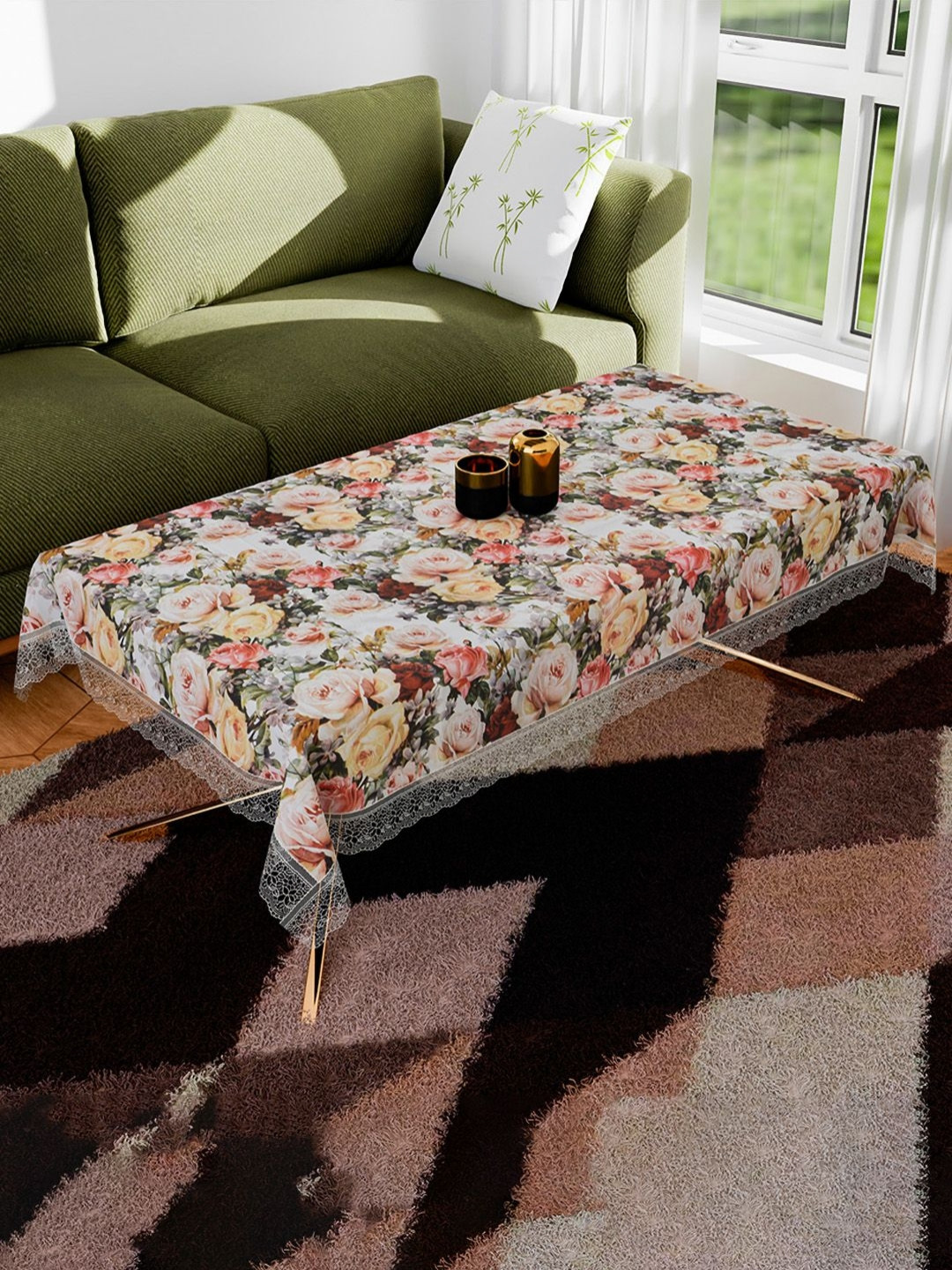 Aura White & Yellow Rose Printed Anti-Skid Rectangle 4 Seater Table Cover