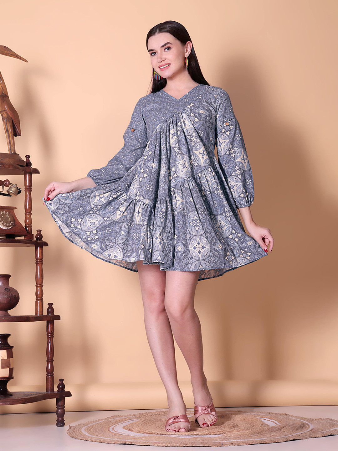 Dot Shine Women Printed Puff Sleeves V Neck Tiered Empire Dress
