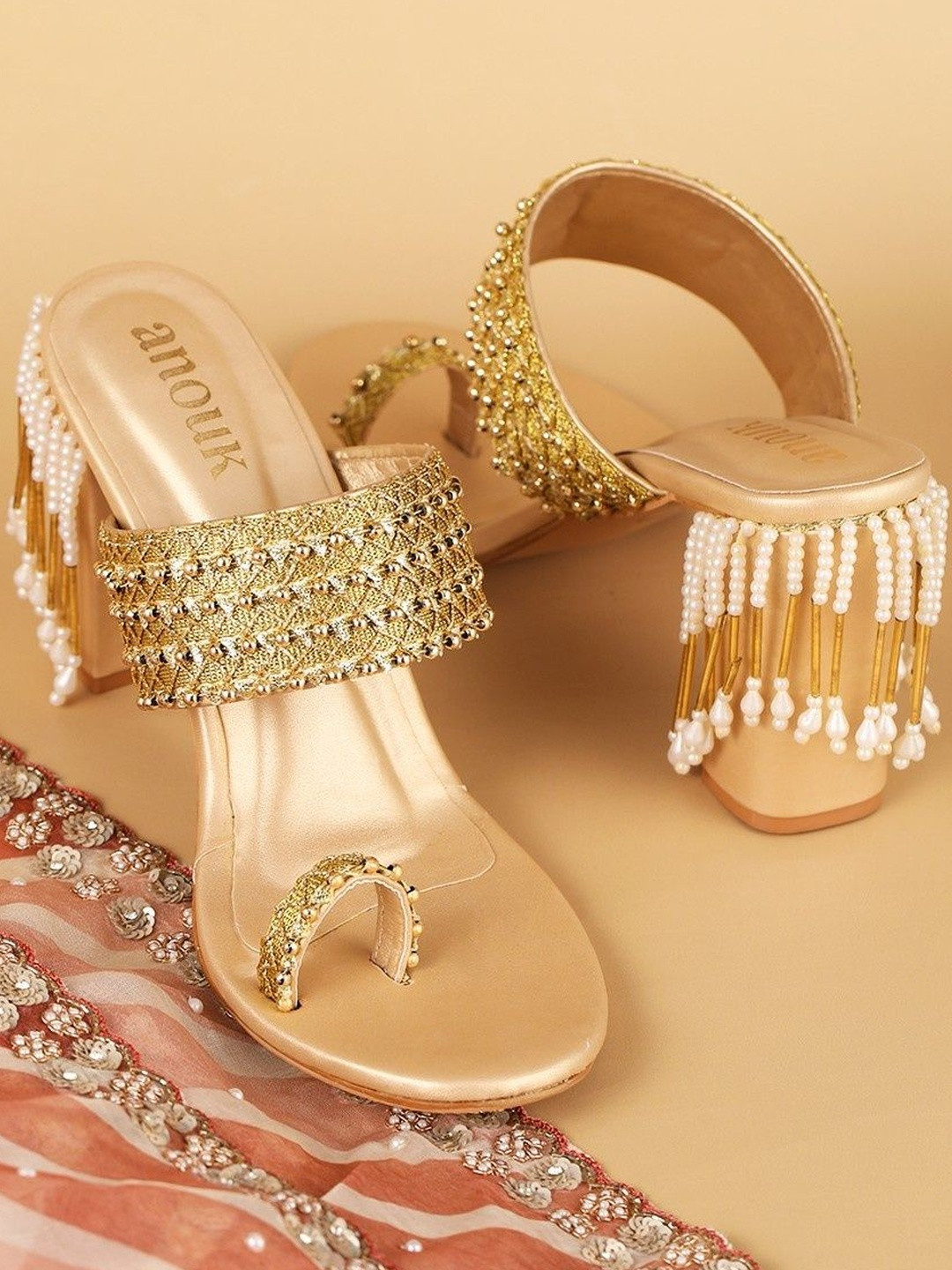 Anouk Women Golden Embellished Block Heel Sandals