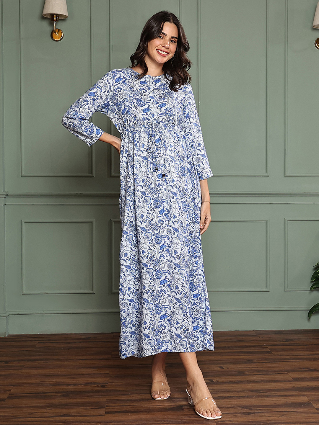 MomToBe Rayon Saphire Blue Floral Print Maternity Fit & Flare Maxi Dress