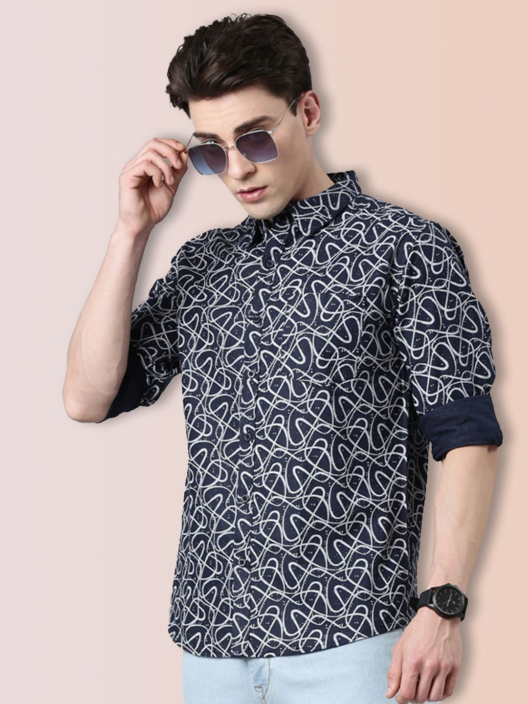 Broon Men Slim Fit Geometric Printed Spread Collar Cotton Casual Shirt