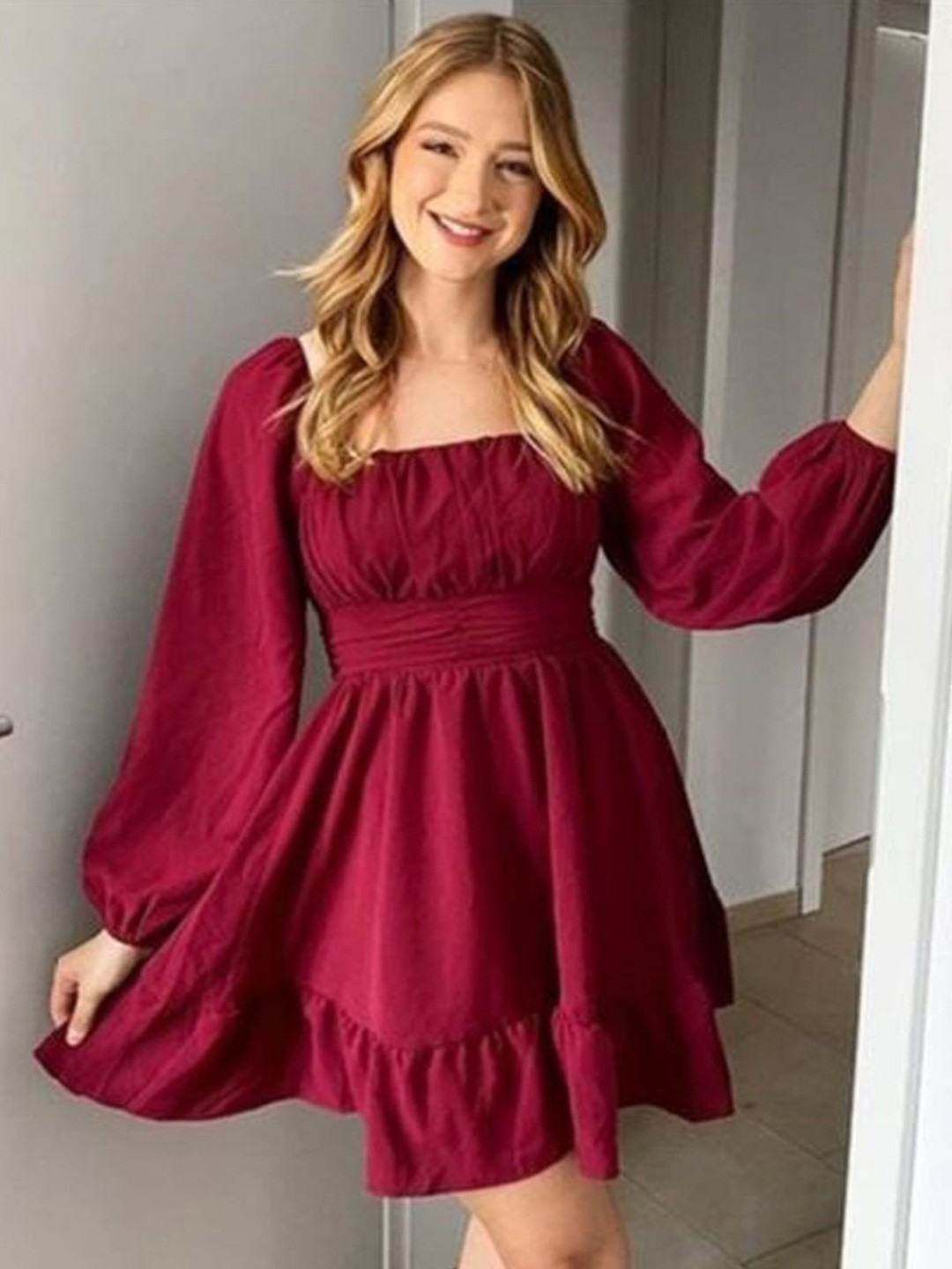 fanery sue Women Square Neck Puff Sleeves Fit and Flare Midi Dress