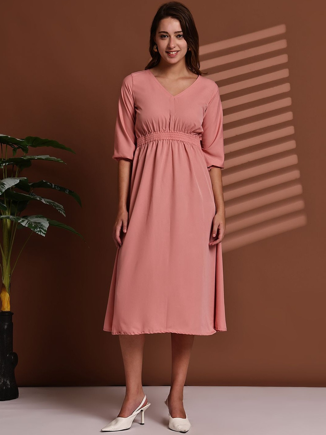 CORSICA Women Dusty Rose Pink Solid A-line Crepe Dress