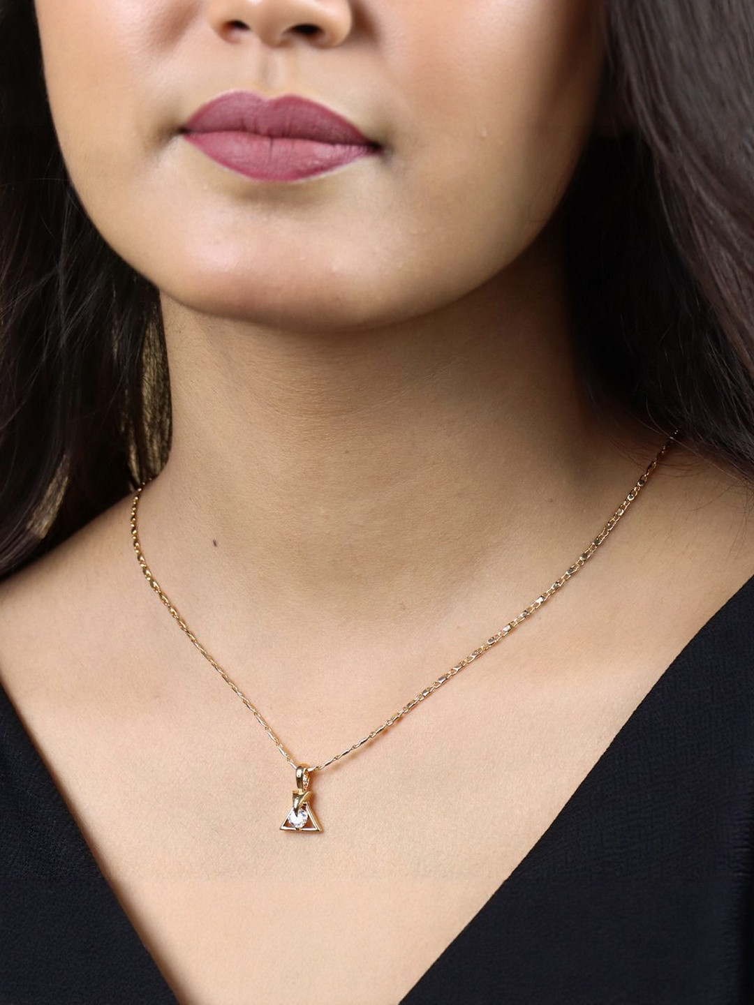 GARNISHA Women Gold-Plated Pyramid Shape Stainless Steel Chain Pendant