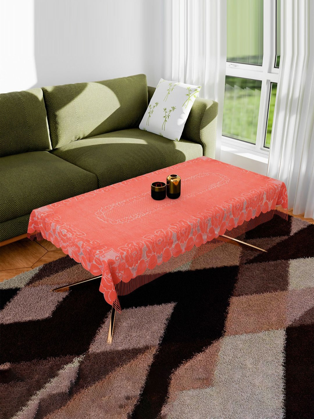Aura Jahlar Peach-Coloured & Transparent Floral Self Design Anti-Skid 4-Seater Table Cover