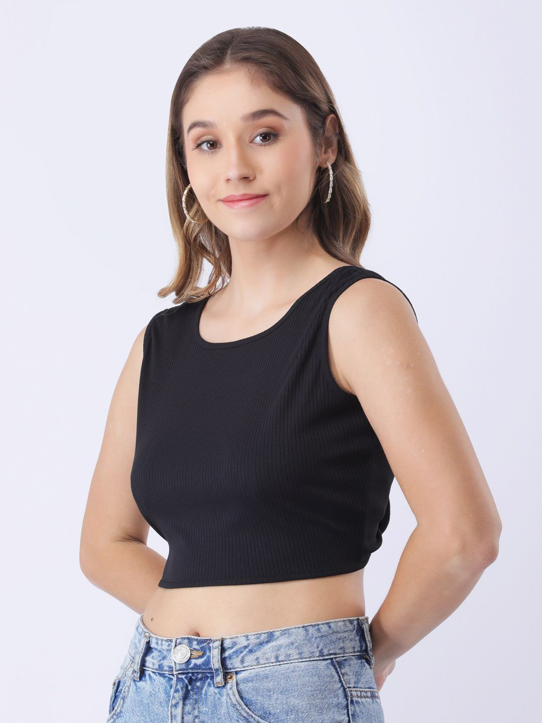 ANVI Be Yourself Women Vertical Stripes Striped Waist Tie-Ups Boat Neck Fitted Crop Top