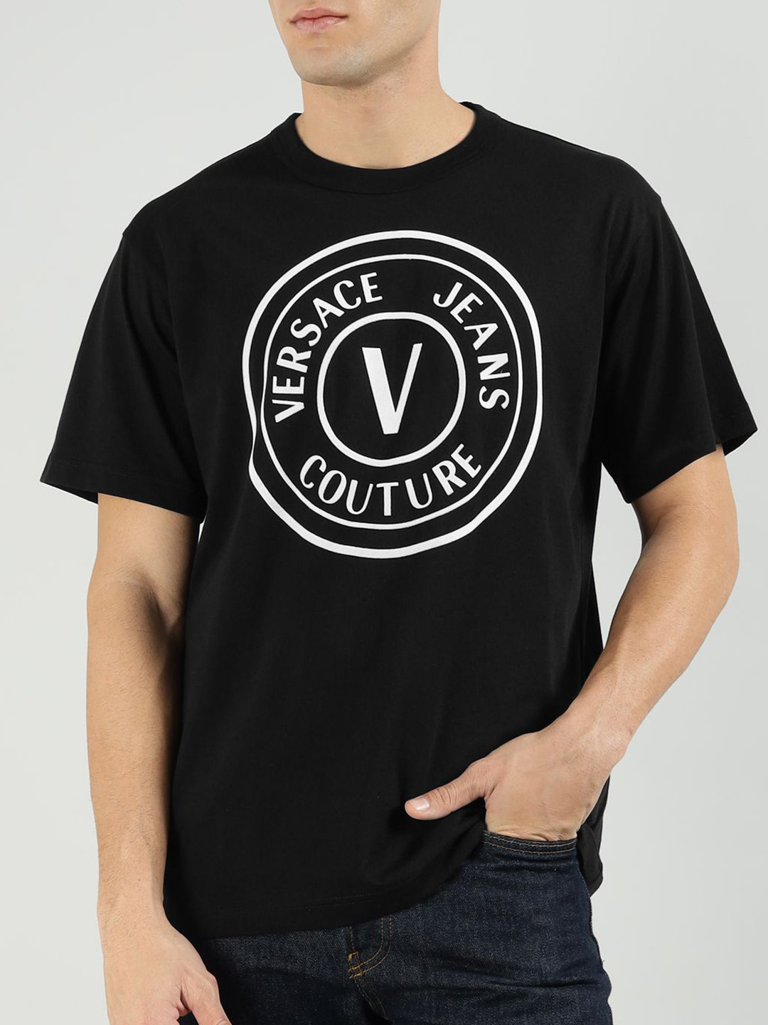 Versace Jeans Couture Men Brand Logo Printed Round Neck Pure Cotton T-shirt