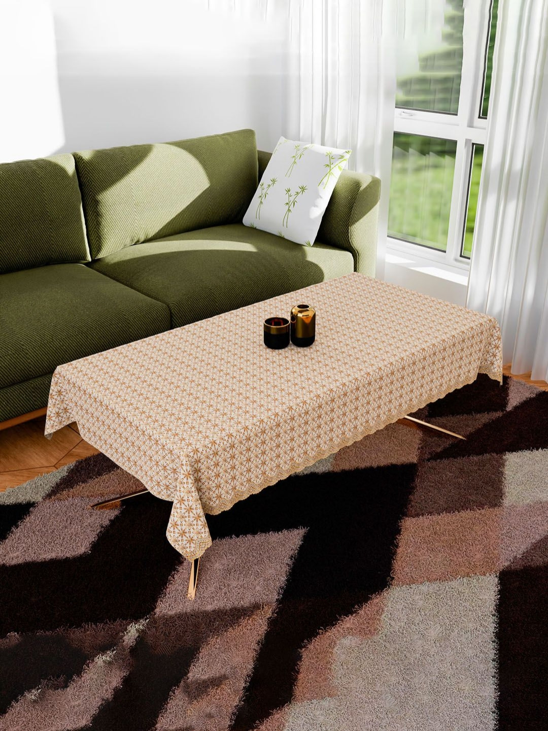 Aura Gold-Toned & White Flower Anti-Skid Rectangle 4 Seater Table Cover
