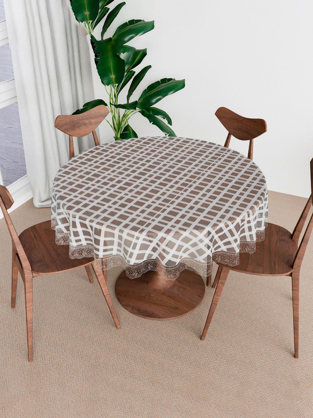 Aura White Self Check Design Anti-Skid Round 4 Seater Table Cover