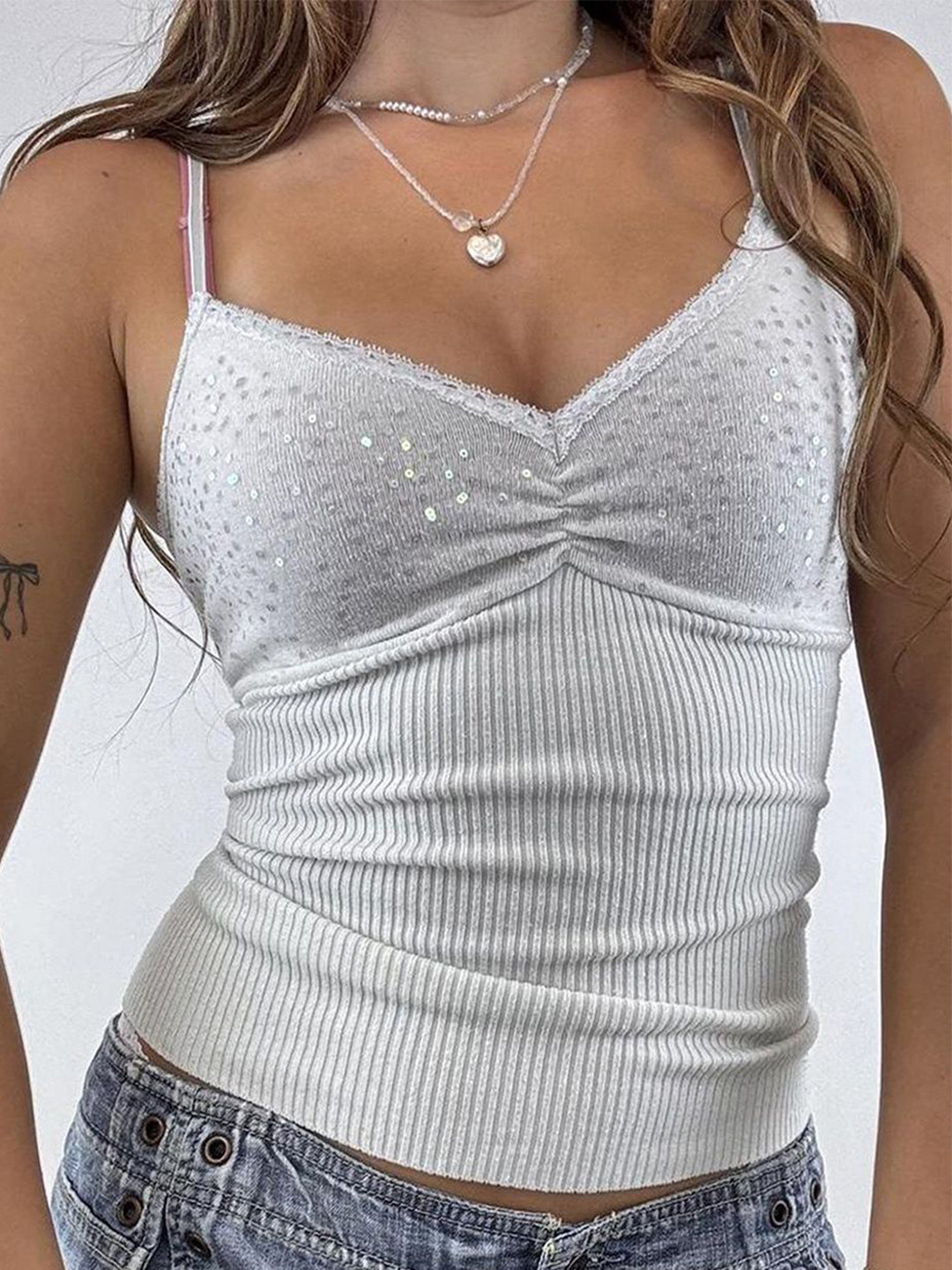 JC Mode Women Ribbed Sequence Cami Crop Top