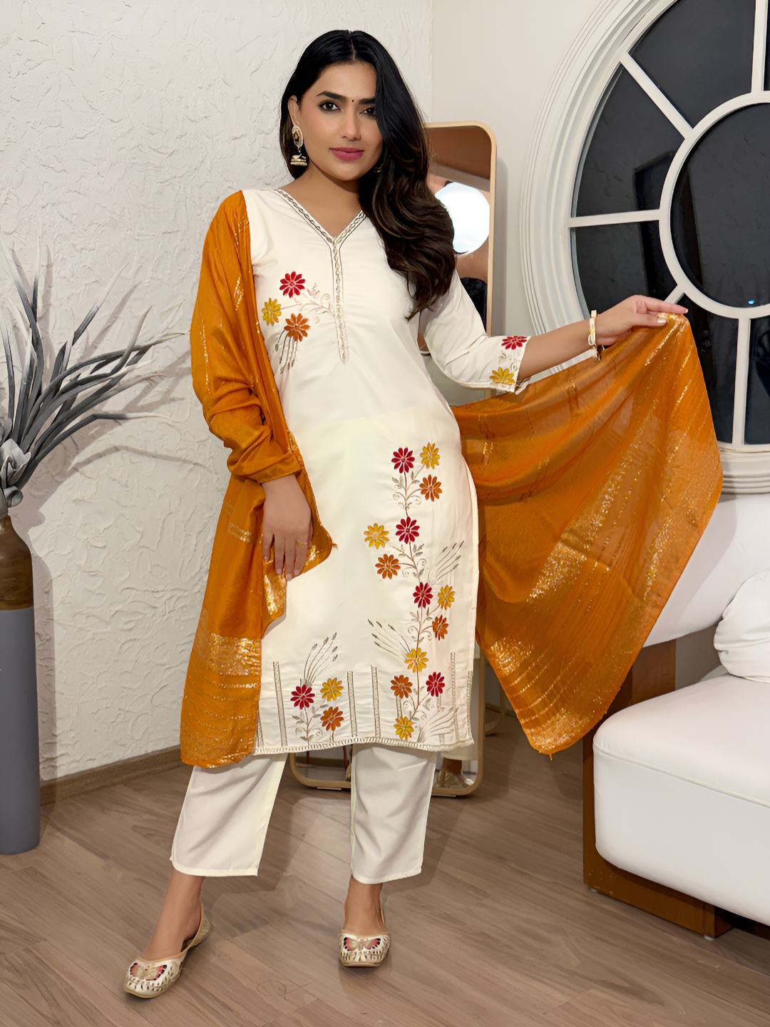 Happy Design Women Floral Embroidered Thread Work Kurta with Trousers & Dupatta