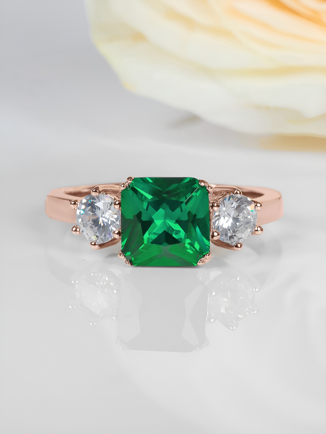 Ornate Jewels 925 Sterling Silver 18K Rose Gold Plated Emerald Studded Ring