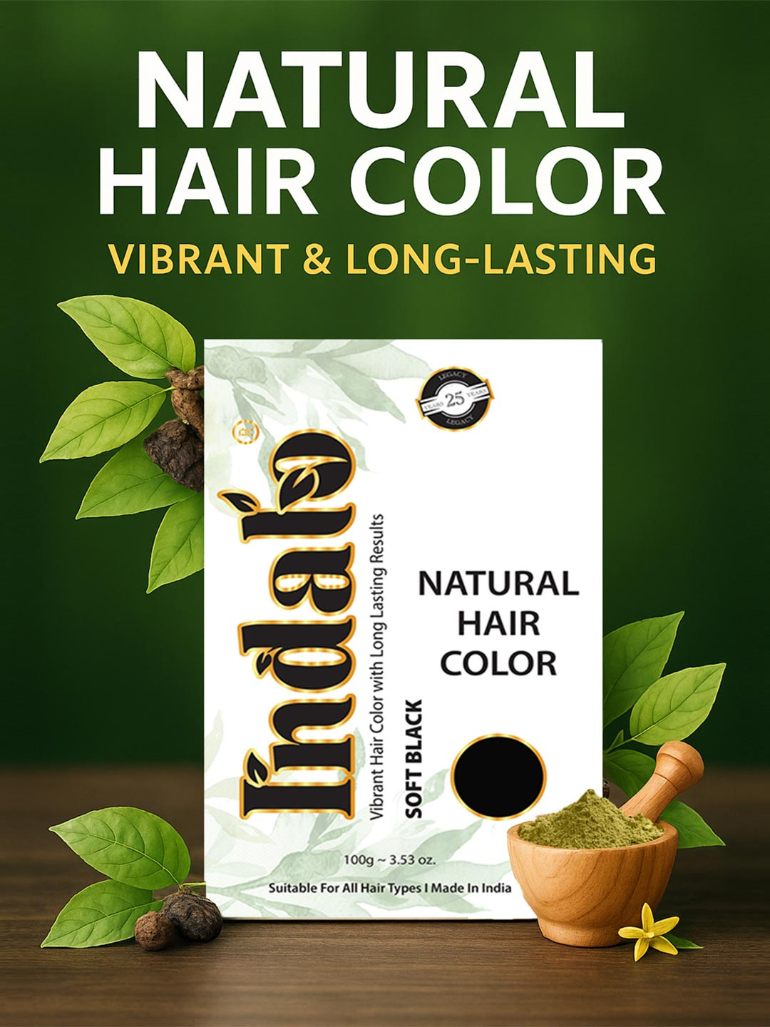 INDALO Natural Hair Colour - Soft Black for Conditioning Hair Growth, No Ammonia 100g