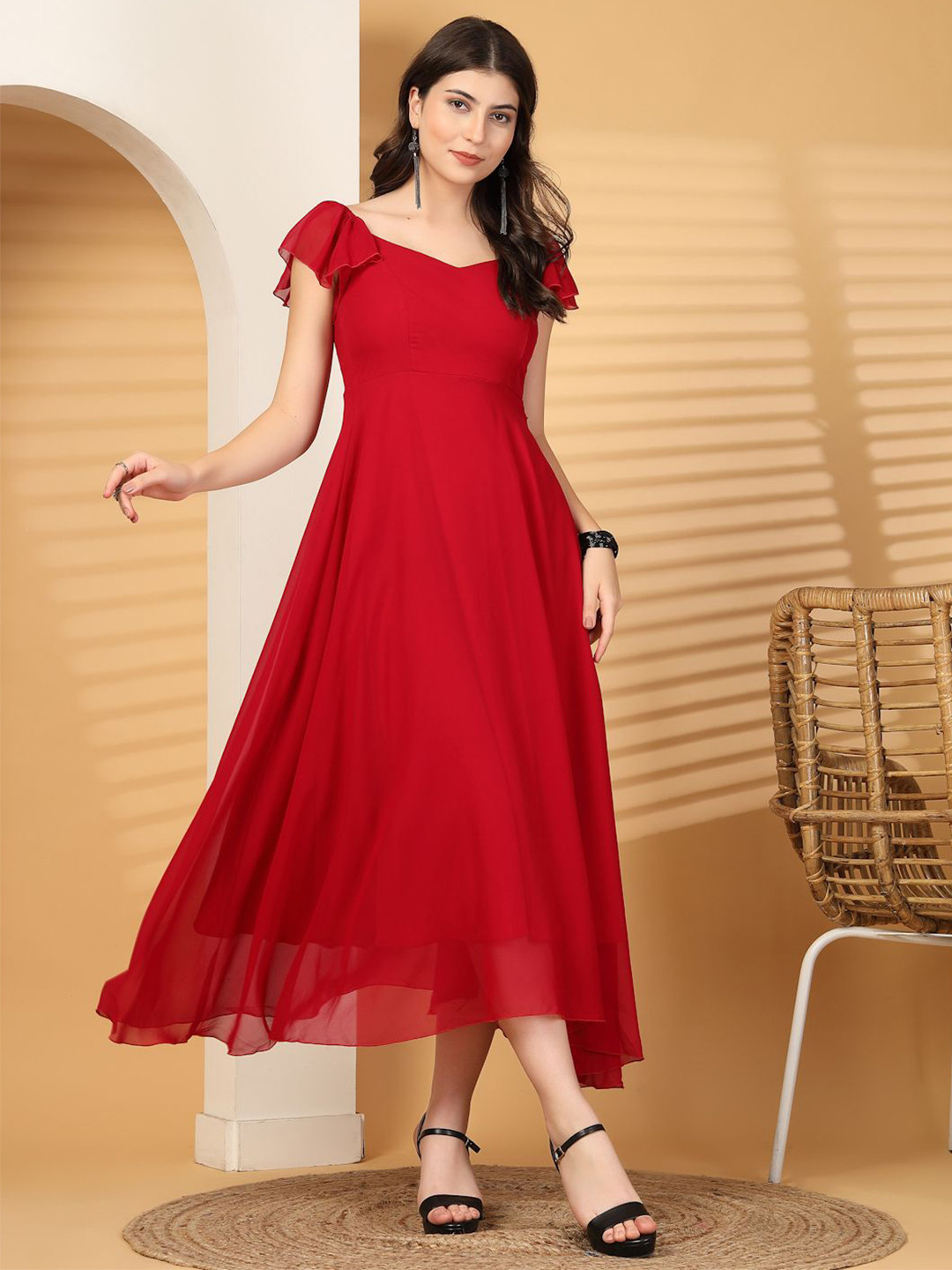 R.Code by The Roadster Life Co. Women Cherry Red Flutter Sleeve Fit & Flare Midi Dress