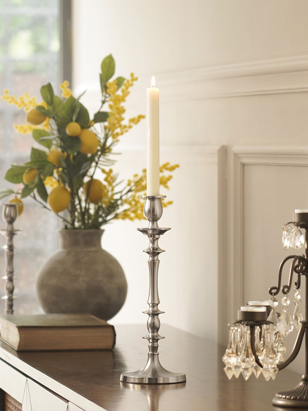 Pure Home and Living Silver-Toned Matt Finish Tall Candle Holder