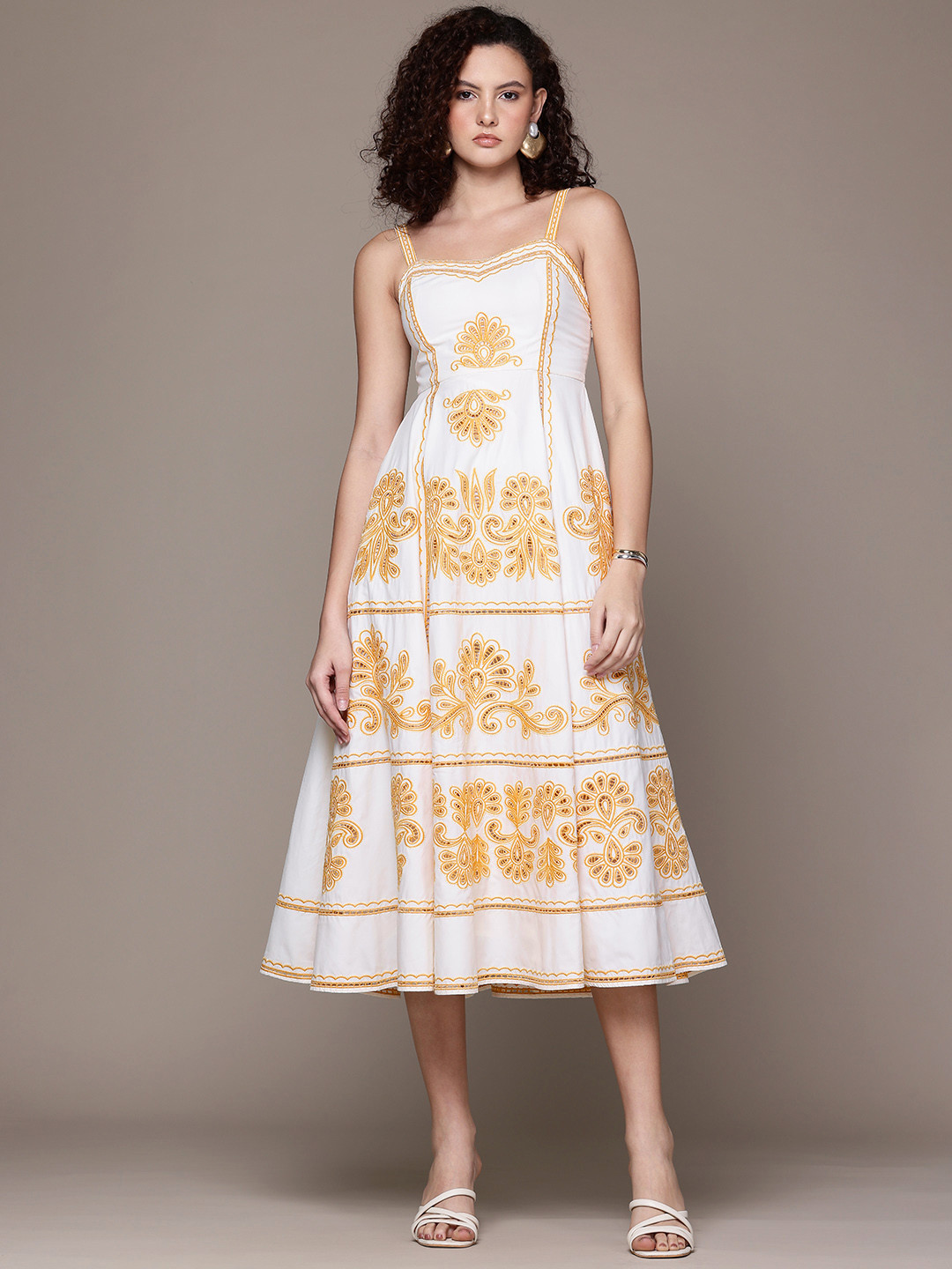 Label Ritu Kumar Adelina Floral Schiffli Embroidered Smocked Detail Midi Fit & Flare Dress
