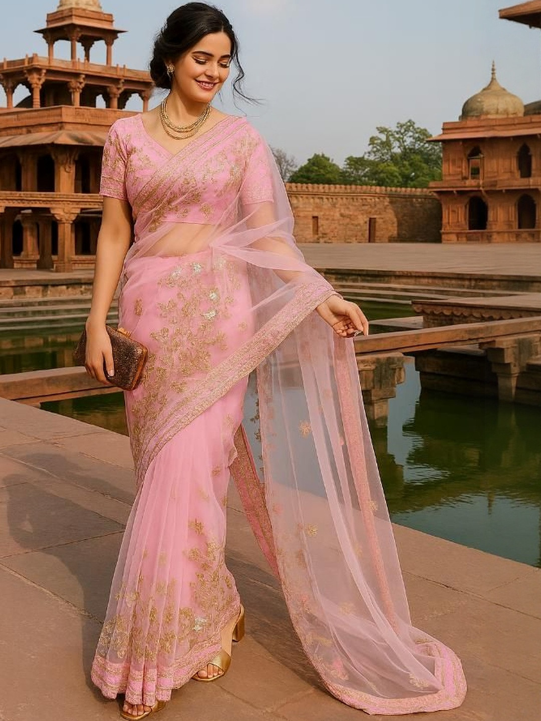 HERE&NOW Pink Net Embroidered Sarees